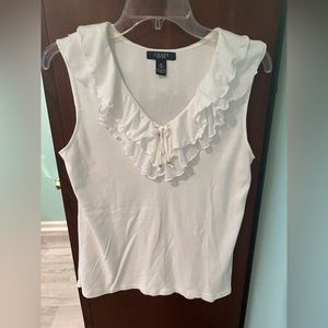 Chaps White Ruffled Front Tank Top